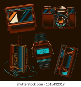 Original retro vector set of illustrations in the style of the 80s and 90s.