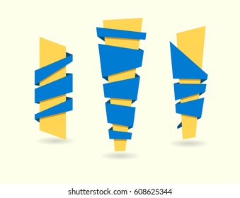 Original ribbon set. Vector illustration. Ribbons banners blue yellow design elements collection. Flat style stripes.