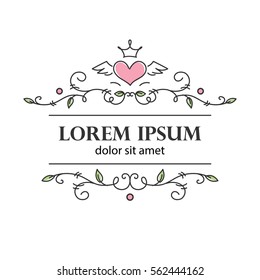 Original romantic card design, ornamental logo with hearts. Fine flourished design elements, sign (logo, symbol) with border. Template for Valentin's day or wedding card, invitation etc.