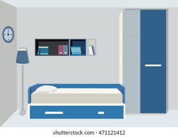 Original room for a teenager boy. Stylish and modern furniture - bed, wardrobe , bookshelves. Flat style vector illustration.