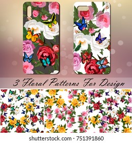 original rose and butterflies pattern. Smart phone with rose and butterflies pattern on bokeh background. Rose ornament for design
