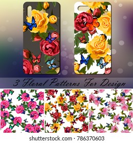 original rose and butterflies pattern. Smart phone with rose and butterflies pattern on bokeh background. Rose ornament for design