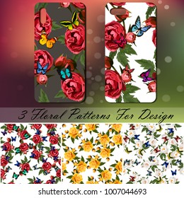 Original rose and butterflies phone cover design on colorful bokeh background. Best design for smartphone. 3 seamless rose and butterflies patterns