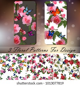 Original rose and butterflies phone cover design on colorful bokeh background. Best design for smartphone. 3 seamless rose and butterflies patterns