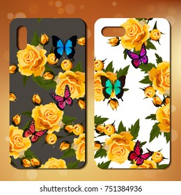 Original rose and butterflies phone cover design on colorful bokeh background. Best design for smartphone.