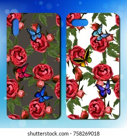 Original rose and butterflies phone cover design on colorful bokeh background. Best design for smartphone.