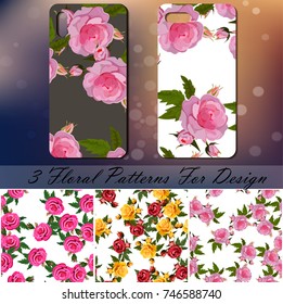 Original rose phone cover design on colorful bokeh background. Best design for smart phone. 3 seamless rose patterns