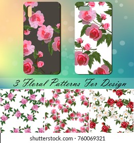 Original rose phone cover design on colorful bokeh background. Best design for smartphone. 3 seamless rose patterns