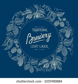 Original round blue background figured frame ornament card with hop berries and stems with inscription about traditional brewery light lager hand drawn style vector illustration.