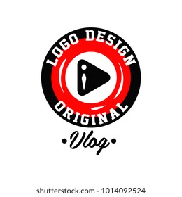 Original round logo design for online video blogging with play button. Live vlog emblem with place for text. Modern vector icon in red and black colors