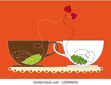 Original Saint Valentine Card Two Cups of Tea Connected By Handles with Two Red Hearts Above - Vector Illustration