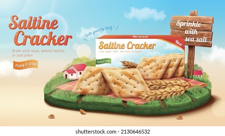 Original saltines cracker ad. 3D illustration of unflavored saltine crackers on picnic plaid displayed on a miniature grassland