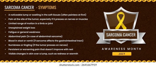 Original Sarcoma Cancer Awareness ribbon with Symptoms, Shield Design with Pattern Based Background.