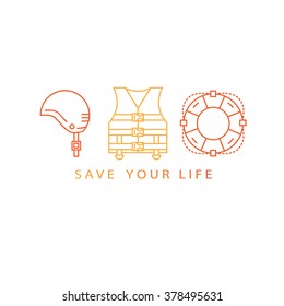 Original save life concept. Line style logotype template with helmet, life vest, life ring. Isolated on white background and easy to use. Perfect logo for your business. Vector symbols.  