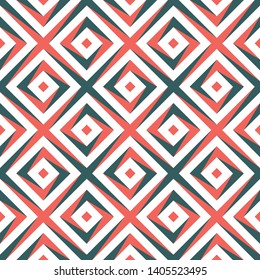 Original scandinavian modern decorative pattern for the background, tile and textiles. It is assembled from modular parts. Vector. Seamless. Live coral color.