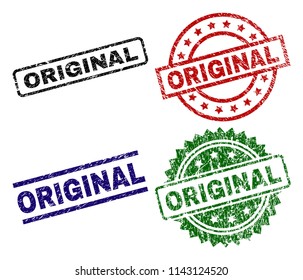 ORIGINAL seal prints with damaged surface. Black, green,red,blue vector rubber prints of ORIGINAL title with dirty surface. Rubber seals with round, rectangle, medallion shapes.