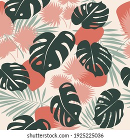 Original seamless abstract exotic tropical pattern with bright plants on a light background. Tropical palm leaves, monstera, different shapes. Vector design. Jungle print. Floral background.
