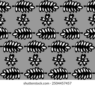 
Original patrón blanco y negro sin fisuras en forma de flores y hojas sobre un fondo gris