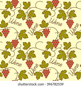 Original seamless flat pattern with grapes and text wine. Vector illustrate.