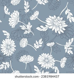 Originelles, nahtloses Blumenmuster. blauer Hintergrund mit Blumen und Blumenmotiven.Abstraktes elegantes Muster mit handgezeichneten Chrysanthemen Blumen und Blättern.