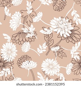 Patrón floral original sin fisuras. fondo negro rosa pastel con flores y motivos florales.Resumen de diseño elegante con crisantemos dibujados a mano flores y hojas.

