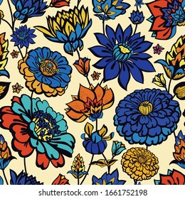 Original seamless floral pattern. Print for fabric, wallpaper, covers. Background with flowers and floral motifs.