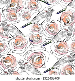original seamless pattern with bird image in flower garden to create designer fabric, home textile, Wallpaper, wrapping paper and other design
