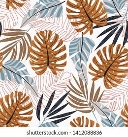 Original seamless pattern with bright plants and leaves on white background. Vector design. Jungle print. Textiles and printing.