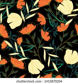 Original seamless pattern with bright tropical leaves and flowers on black background. Vector design. Jungle print. Textiles and printing. Floral background.