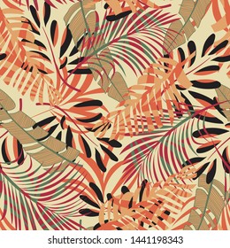 Patrón original sin fisuras con coloridas hojas tropicales y flores sobre fondo pastel. Diseño de vectores. Impresión de selva. Fondo floral. Impresión y textiles. Tropos exóticos. Diseño de verano.