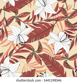 Original seamless pattern with colorful tropical leaves and flowers on beige background. Vector design. Jungle print. Floral background. Printing and textiles. Exotic tropics. Summer design.