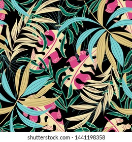 Original seamless pattern with colorful tropical leaves and flowers on black background. Vector design. Jungle print. Floral background. Printing and textiles. Exotic tropics. Summer design.