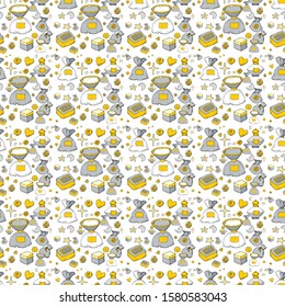 Original seamless pattern. Gold and silver. Gifts, boxes, bags and bottle. Moon and stars, heart and roses.es.