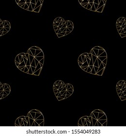 Original seamless pattern with hexagon outline gold hearts on the black background. Vector elegant ornament for card, poster, banner, invitation, wrapping paper, packet, packaging