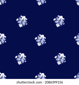 The original seamless pattern with light color abstract jasmine flowers in blue monochromatic style on dark background. Jungle print. Textiles and printing. Floral background. wallpaper decorative
