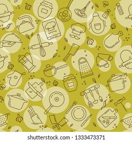An original seamless pattern on the kitchen theme with a variety of kitchen items. Colorful Background for menu design, kitchen items, and other things.
