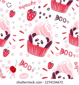 Original seamless pattern penny and berries. Funny background for printing on fabric, wall decoration in cafe and pastry shop. Vector cliparts sweet pastries