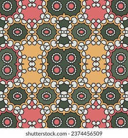 An original seamless pattern with a predominance of pink, khaki and yellow colors. Vector illustration