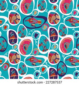 Original Seamless pattern. Stylized elements. Flower, landscape, bird, heart, etc