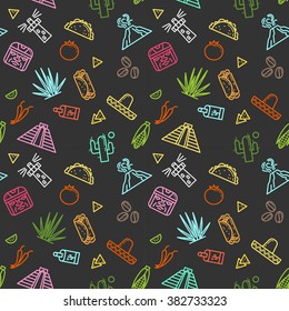 Original seamless pattern with traditional symbols of Mexico. Vector illustration. Sombrero, volcano, pyramid, tequila, cactus, agave, coffee, tomato, nachos, burrito, tamale, chile.
