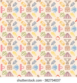 Original seamless pattern with traditional symbols of Mexico. Vector illustration. Sombrero, volcano, pyramid, tequila, cactus, agave, coffee, tomato, nachos, burrito, tamale, chile.