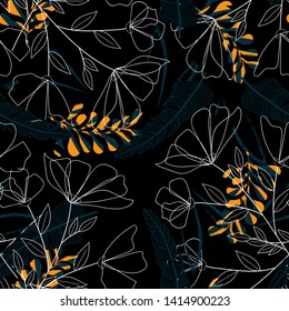 Original seamless pattern with tropical leaves and flowers on black background. Vector design. Jungle print. Textiles and printing. Floral background.