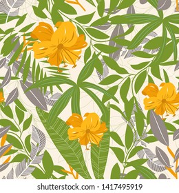 Original seamless pattern with tropical leaves and flowers on beige background. Vector design. Jungle print. Textiles and printing. Floral background.