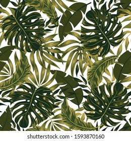 Original seamless pattern. Tropical leaves and plants on white background. Vector background for various surface. Illustration in Hawaiian style. Jungle leaves. Botanical pattern. Exotic wallpaper.
