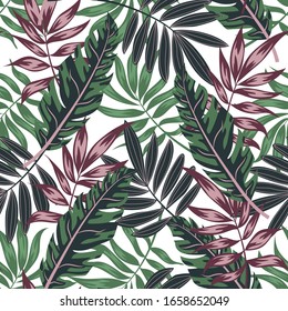 Original seamless pattern. Tropical leaves and plants on white background. Vector background for various surface. Illustration in Hawaiian style. Jungle leaves. Botanical pattern. Exotic wallpaper.