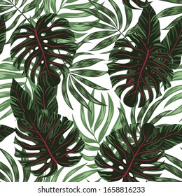 Originelles nahtloses Muster. Tropische Blätter und Pflanzen auf weißem Hintergrund. Vektorillustration Hintergrund für verschiedene Oberflächen. Illustration im hawaiianischen Stil. Dschungelblätter. Botanisches Muster. Exotische Tapete.