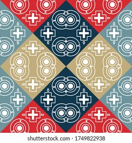 Original seamless pattern with a variety of shapes, crosses and a colored background. Vector illustration