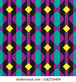 Original seamless pattern with yellow rhombuses in black rhombuses on a green background. Vector illustration