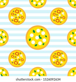 Original seamless pizza pattern. Ornament with pizza on the light blue and white stripped background. Vector illustration for cards, banners, posters, invitation, wrapping paper, packaging