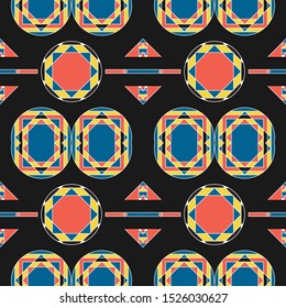 Original seamless print with multicolor ovals and triangles in ethnic style. Black field. Vector illustration